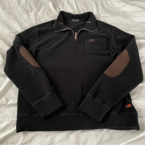 Corneliani ID Sz 56 LARGE Black fleece jacket 1/4 zip elbow patch suedeItalian